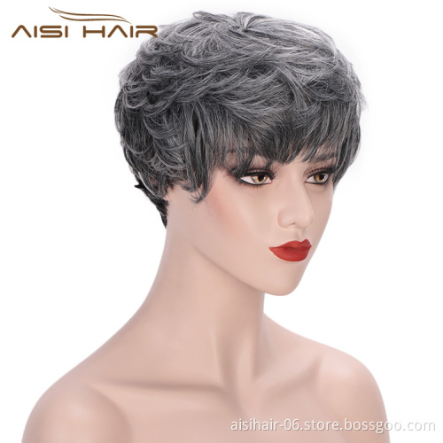 Aisi Hair Heat Resistant Fiber Straight Short Hair Bob Wigs with Neat Bangs Grey Mixed Black Short Bob Wigs for Women